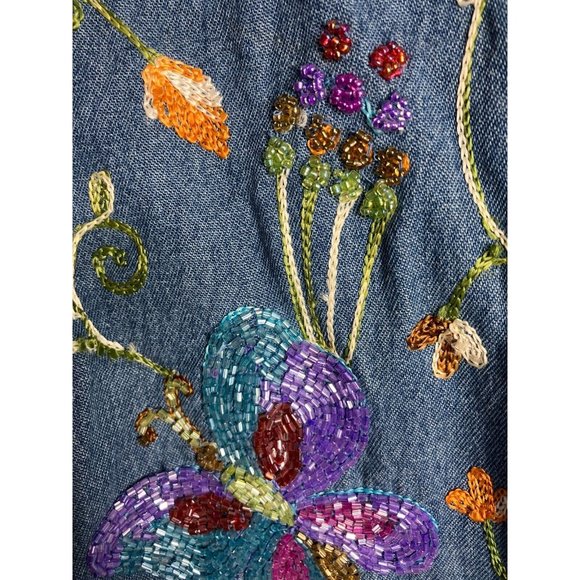 The Quacker Factory Women's Medium Chambray Beaded Embroidered Shirt New - Picture 7 of 16